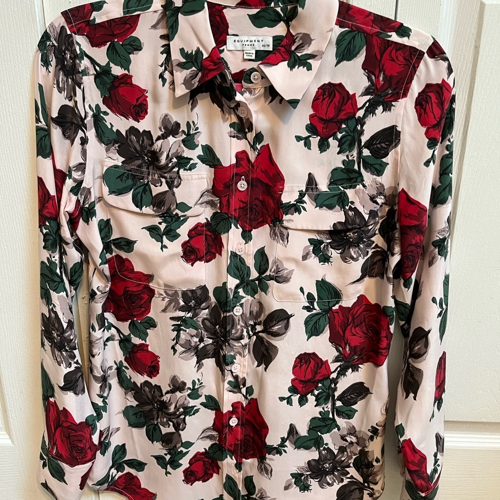 Equipment Silk light pink Red Rose Print Long-Sleeved Shirt Blouses 100%Silk XS